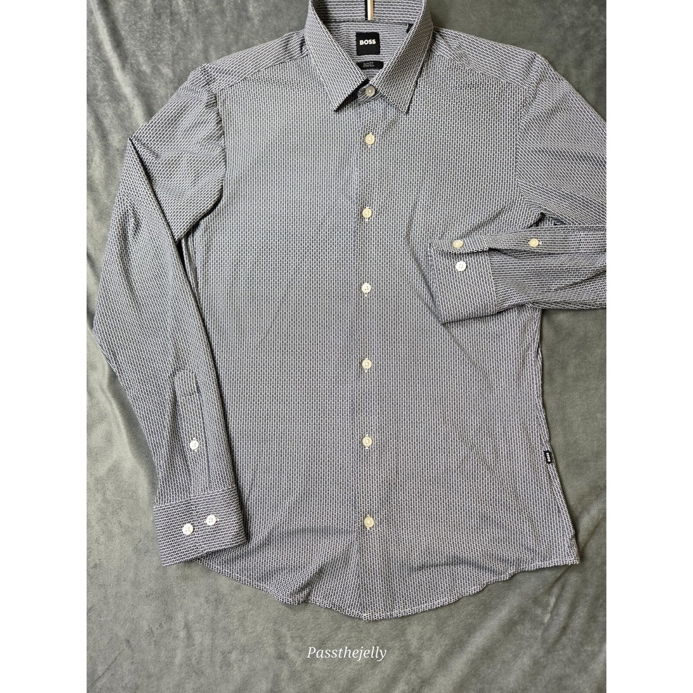 Hugo Boss‎ Shirt Mens Small Geometric Roan Slim Point Stretch Dress Work